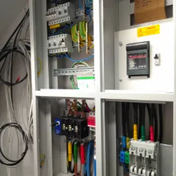 Otwarta szafa rozdzielcza z widocznymi zabezpieczeniami, przewodami oznaczonymi kolorami, wyłącznikami, bezpiecznikami, listwą zaciskową, oraz kartką z odręcznymi notatkami dotyczącymi obwodów.