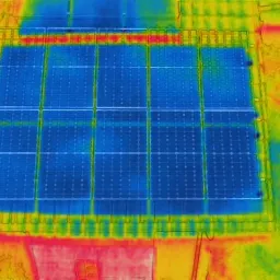 Termowizja instalacji paneli słonecznych na dachu, widoczne rozkłady temperatur w różnych kolorach.