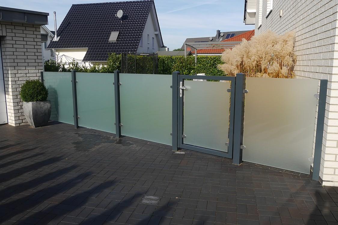 Nowoczesne ogrodzenie z matowego szkła z metalowymi słupkami i furtką, widoczne z zewnątrz posesji, z kostką brukową na podłożu, krzew ozdobny w donicy i wysoka trawa ozdobna w tle.