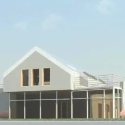 Wizualizacja budynku usługowego z przeszkloną fasadą, płaskim dachem i elementami nowoczesnej architektury, otoczonego zielenią i niskimi krzewami.