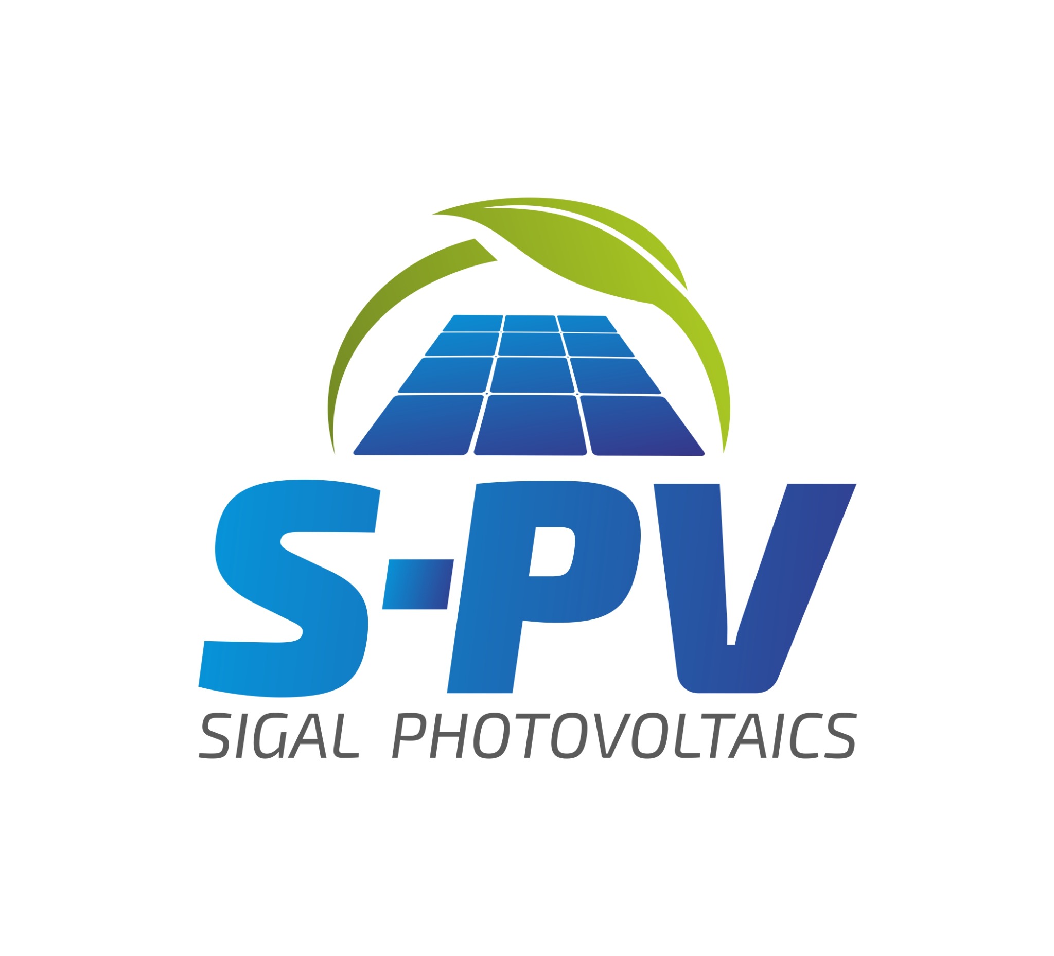 Logo firmy S-PV Sigal Photovoltaics z motywem paneli słonecznych i liści, w odcieniach niebieskiego i zieleni.