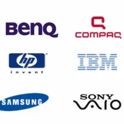 Zestawienie logotypów popularnych marek komputerowych i IT, w tym Apple, Acer, Benq, Compaq, Dell, Fujitsu, Gateway, HCL, HP, IBM, Lenovo, LG, Microsoft, MSI, Samsung, Sony Vaio, Toshiba i Wipro...