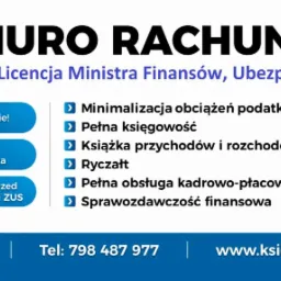 Reklama biura rachunkowego z Bochni, oferującego pełną księgowość, obsługę kadrowo-płacową i reprezentację przed Urzędem Skarbowym i ZUS, z podanym numerem telefonu i adresem strony internetowej.