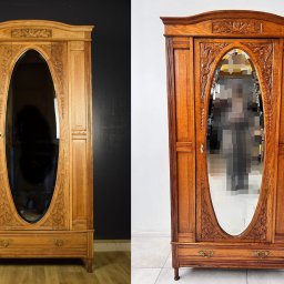 Art-Wood Renowacja Drzwi schodów mebli - Dwie drewniane szafy z owalnym lustrem, jedna w jasnym odcieniu dębu na tle ciemnej ściany, druga w cieplejszym brązie na tle białej ściany, obie z rzeźbionymi detalami i szufladą na dole...