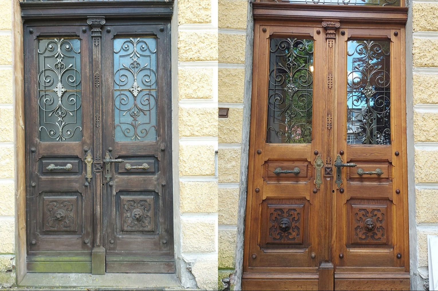 Renowacja dwuskrzydłowych drzwi wejściowych z ozdobnymi szybami i rzeźbionymi lwami: po lewej stronie drzwi przed renowacją, ciemne i zaniedbane, po prawej stronie drzwi po renowacji, odświeżone...