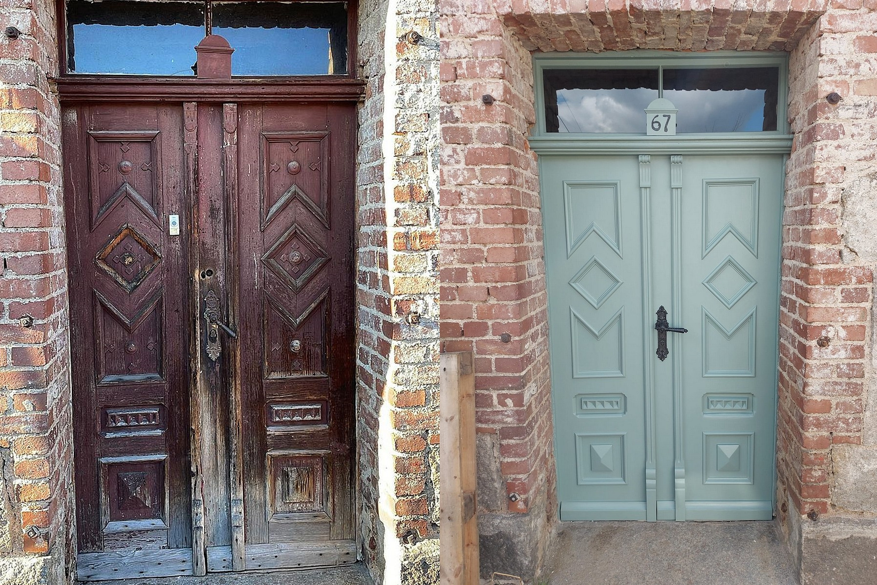 Renowacja dwuskrzydłowych drzwi wejściowych z dekoracyjnymi rombami, widok przed i po odnowieniu, z surowego drewna w kolorze ciemnobrązowym do pastelowej zieleni, w murze z czerwonej cegły.