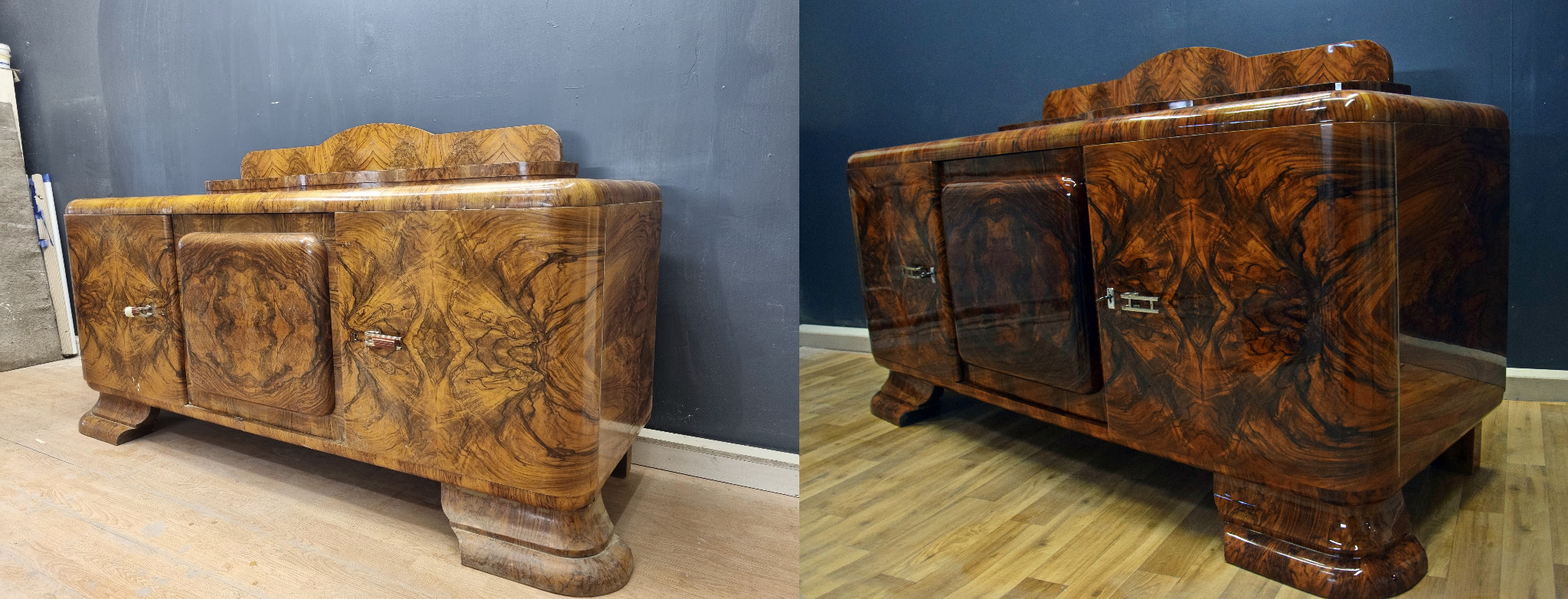 Art Deco kredens z fornirem o bogatym rysunku drewna, uchwyty w kolorze srebra, widoczne zarysowania i niedoskonałości na powierzchni.