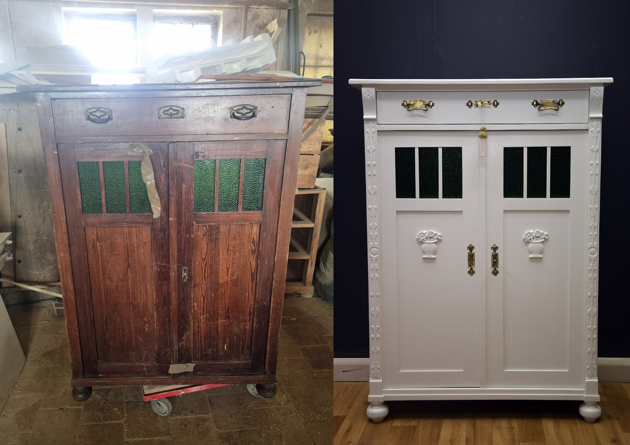 Renowacja szafki: porównanie stanu przed i po odnowieniu, z widocznymi detalami ozdobnymi i zmianą koloru na biały.