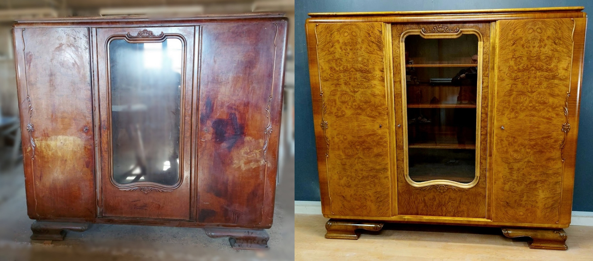 Porównanie stanu starej, drewnianej szafy z przeszklonymi drzwiczkami przed i po renowacji, ukazujące różnicę w kolorze i wykończeniu drewna.