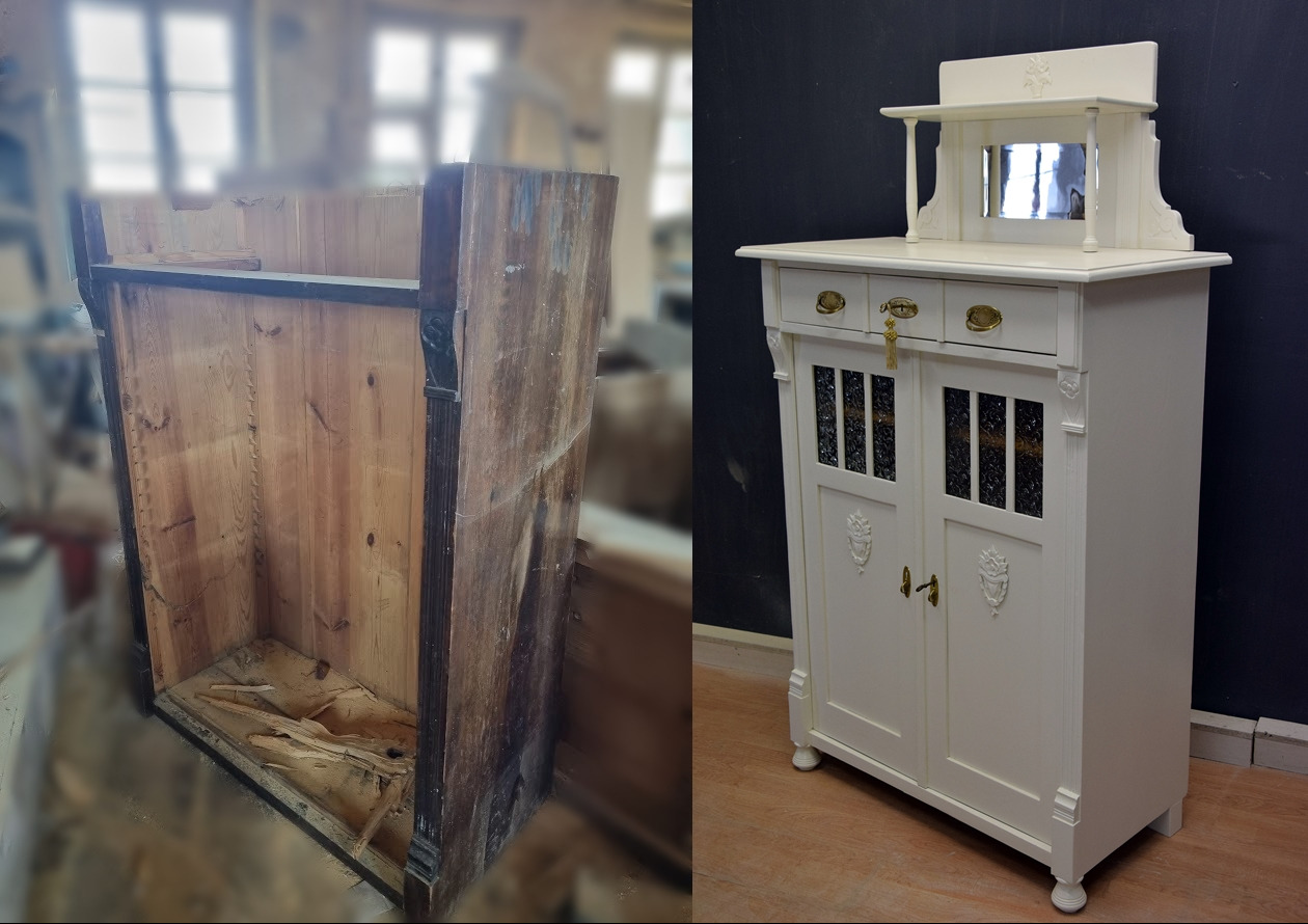 Renowacja antycznej szafki: widok przed i po odnowieniu, z lewej strony zniszczony szkielet, z prawej odnowiona, biała szafka z lustrem i zdobieniami.