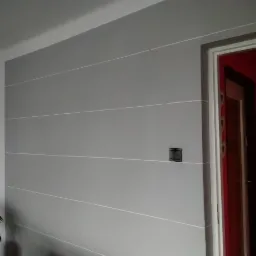 Szara ściana z poziomymi, białymi paskami, widoczny fragment czerwonych drzwi i zielona roślina doniczkowa w rogu pomieszczenia.