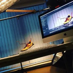 Pomarańczowo-żółty but sportowy zawieszony w powietrzu podczas sesji zdjęciowej, widoczny monitor iMac z oprogramowaniem do edycji graficznej, oświetlenie studyjne w tle.