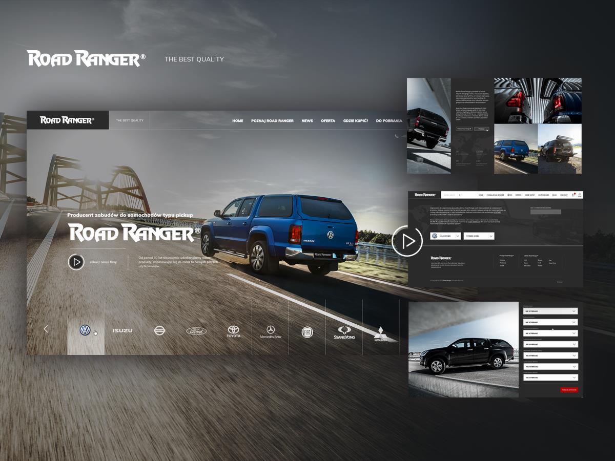 Kompozycja graficzna prezentująca projekt strony internetowej firmy Road Ranger, producenta zabudów samochodowych typu pickup, z widocznym niebieskim pickupem na tle drogi i mostu, oraz fragmentami...