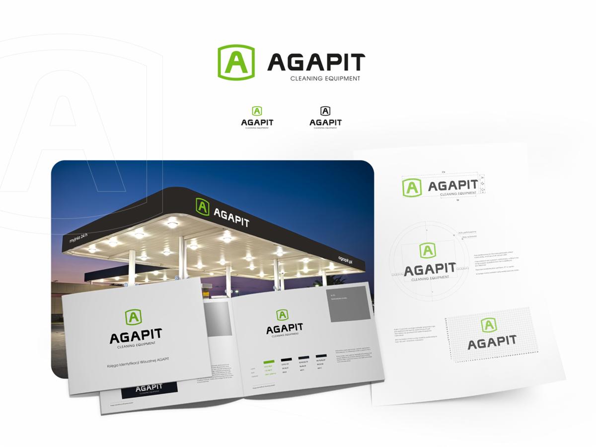 Prezentacja wizualna identyfikacji marki AGAPIT Cleaning Equipment, obejmująca logo na stacji benzynowej, wizytówki, broszury i schematy kolorystyczne.