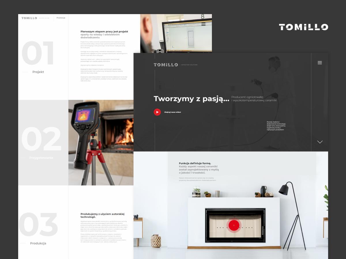 Fragment strony internetowej firmy Tomillo, prezentujący etapy pracy: projekt, przygotowanie (z kamerą termowizyjną na statywie) i produkcja, z elementami graficznymi i tekstowymi.