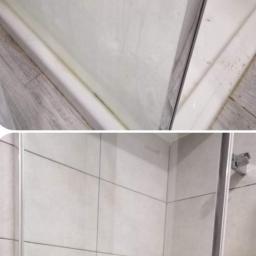 Na glanc - Zanieczyszczona kabina prysznicowa z widocznymi zaciekami i osadami na szklanych drzwiach i płytkach, przed czyszczeniem.