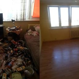 Na glanc - Porównanie stanu pokoju przed i po: po lewej skrajny nieporządek, śmieci, butelki, brud na podłodze i łóżku; po prawej czysty, pusty pokój z parkietem i oknem.
