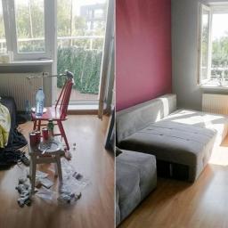 Na glanc - Porównanie stanu pokoju przed i po: po lewej stronie bałagan z butelkami, jedzeniem i śmieciami na podłodze i stole, po prawej stronie wysprzątany pokój z rozłożoną szarą sofą i światłem słonecznym...