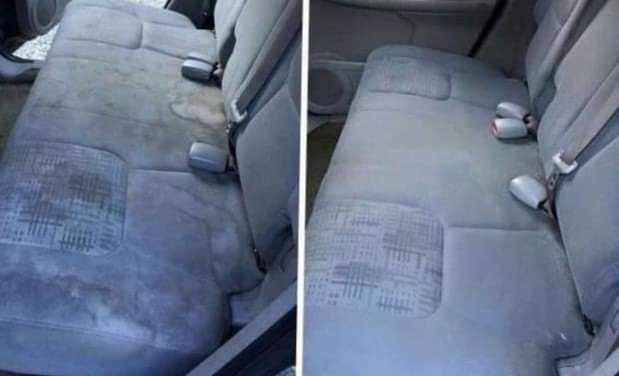 Porównanie tylnej kanapy samochodowej przed i po czyszczeniu, widoczne wyraźne różnice w czystości tapicerki oraz usunięcie plam i zabrudzeń.