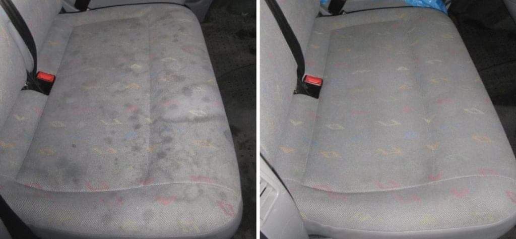 Porównanie fotela samochodowego przed i po czyszczeniu tapicerki, widoczne plamy i zabrudzenia po lewej stronie oraz czysta tapicerka po prawej stronie, obok zapięcie pasa bezpieczeństwa.
