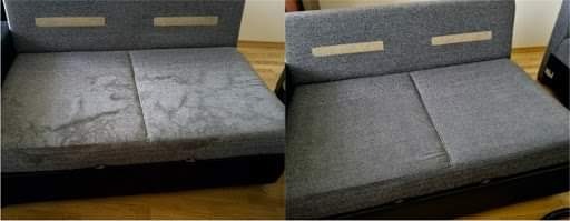 Dwu-częściowe ujęcie sofy: po lewej stronie widoczne silne zabrudzenia na szarym obiciu, po prawej stronie efekt po czyszczeniu, ukazujący odświeżony, jednolity kolor tapicerki.