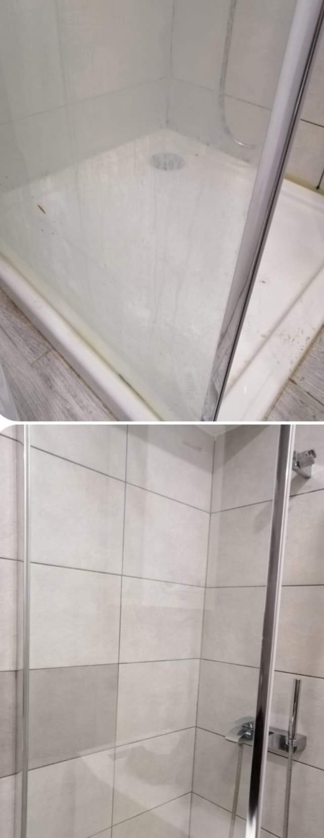 Zanieczyszczona kabina prysznicowa z widocznymi zaciekami i osadami na szklanych drzwiach i płytkach, przed czyszczeniem.