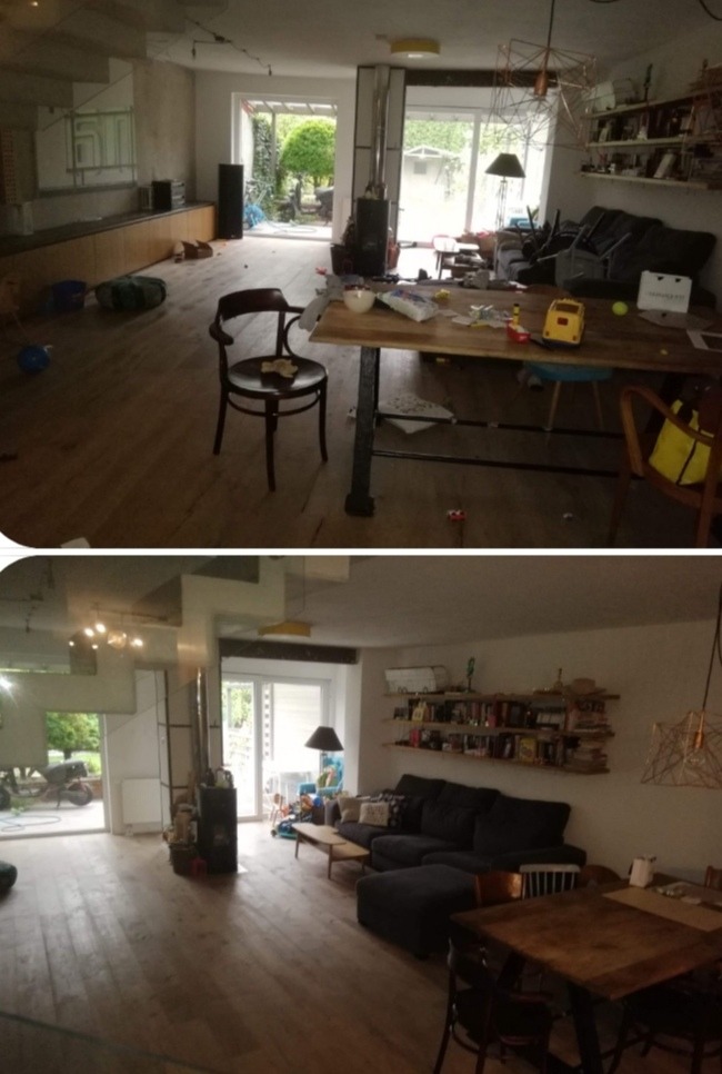 Dwa ujęcia tego samego wnętrza domu: na górnym zdjęciu bałagan na stole i podłodze, na dolnym zdjęciu wnętrze po posprzątaniu, widoczny uporządkowany salon z sofą, regałem i stołem.