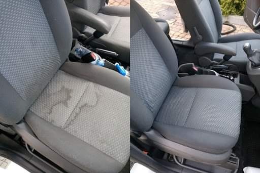 Porównanie fotela samochodowego: po lewej stronie widoczne plamy i zabrudzenia, po prawej - fotel wyczyszczony, ukazujący różnicę po zabiegu.