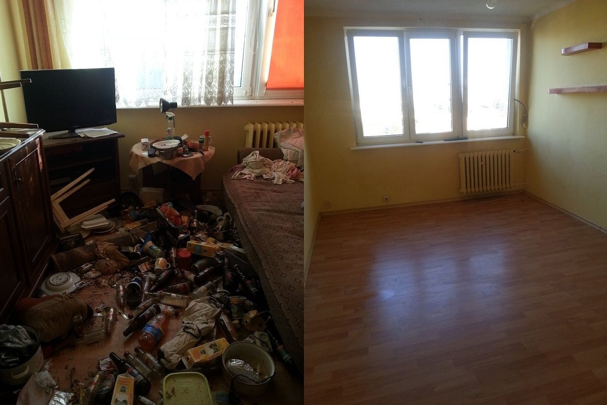 Porównanie stanu pokoju przed i po: po lewej skrajny nieporządek, śmieci, butelki, brud na podłodze i łóżku; po prawej czysty, pusty pokój z parkietem i oknem.