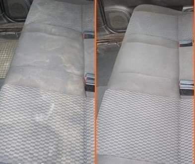 Porównanie: fotel samochodowy z tapicerką w kratę, po lewej stronie widoczne liczne plamy i zabrudzenia, po prawej stronie fotel po czyszczeniu, z odświeżonym kolorem i bez śladów plam.