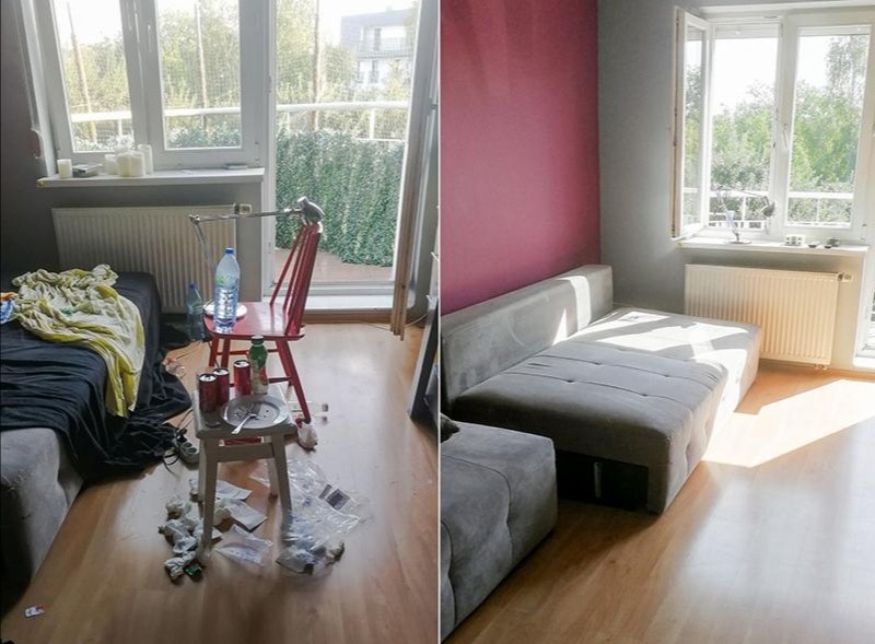Porównanie stanu pokoju przed i po: po lewej stronie bałagan z butelkami, jedzeniem i śmieciami na podłodze i stole, po prawej stronie wysprzątany pokój z rozłożoną szarą sofą i światłem słonecznym...