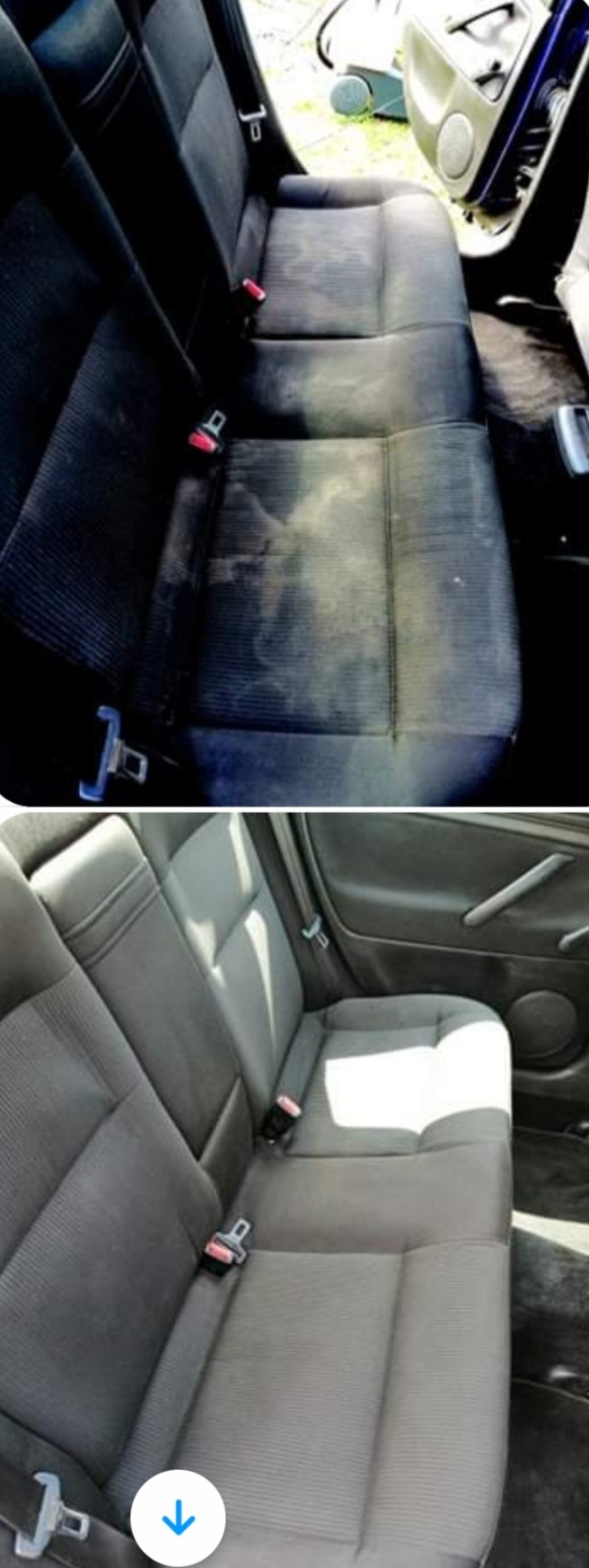 Porównanie tylnej kanapy samochodowej: czyszczona część jest wyraźnie jaśniejsza i czystsza od brudnej, ciemnej części.