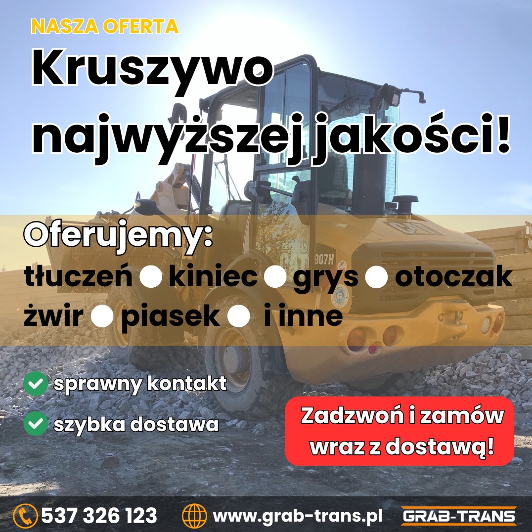Żółta ładowarka CAT 907H na tle kruszywa. Oferta sprzedaży kruszyw: tłuczeń, kiniec, grys, otoczak, żwir, piasek. Sprawny kontakt i szybka dostawa.