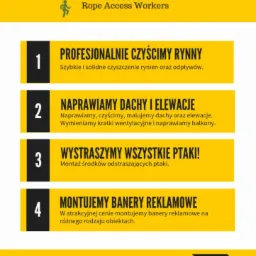 Żółto-czarna grafika reklamowa firmy RAW Rope Access Workers oferującej czyszczenie rynien, naprawę dachów i elewacji, montaż odstraszaczy ptaków oraz banerów reklamowych.