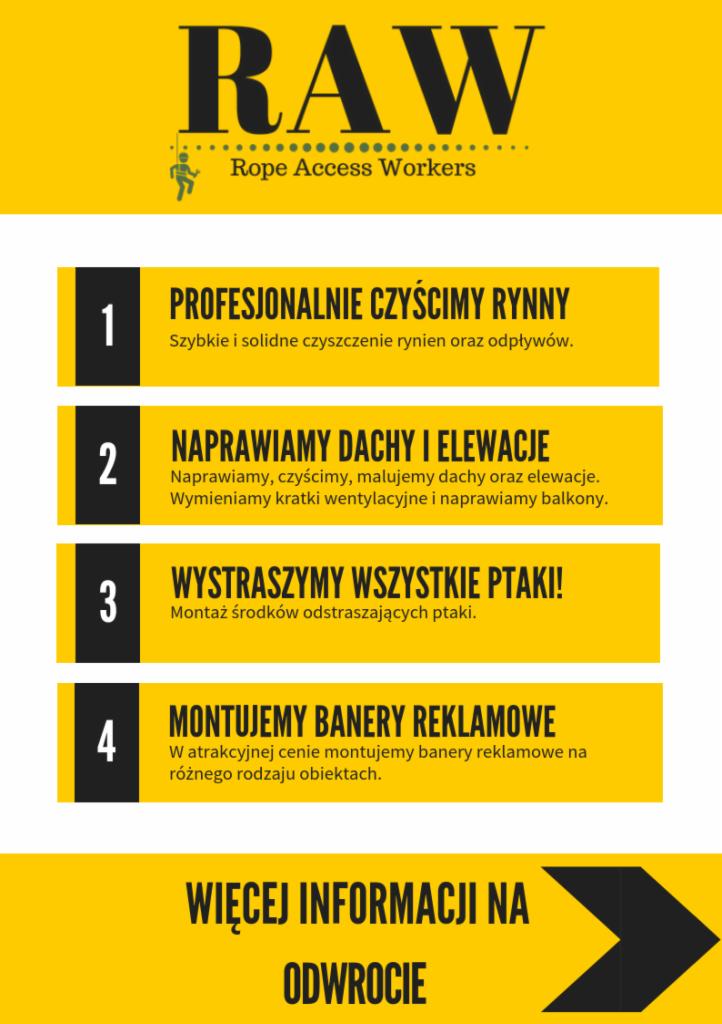 Żółto-czarna grafika reklamowa firmy RAW Rope Access Workers oferującej czyszczenie rynien, naprawę dachów i elewacji, montaż odstraszaczy ptaków oraz banerów reklamowych.