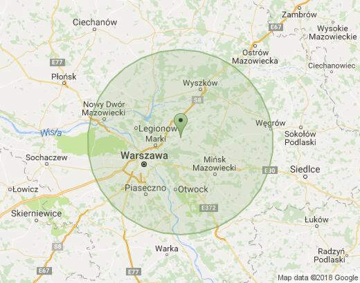 Mapa okolic Warszawy z zaznaczonym okręgiem zasięgu usług.