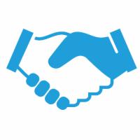 Niebieska ikona uścisku dłoni, symbolizująca partnerstwo i współpracę, z widocznymi zarysem dłoni i czterema okrągłymi elementami reprezentującymi palce.