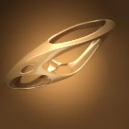 Abstrakcyjna, złota forma przestrzenna z otworami na brązowym tle, przypominająca nowoczesny element dekoracyjny lub logo.