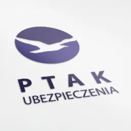 Logo firmy ubezpieczeniowej PTAK Ubezpieczenia z motywem ptaka w locie na białym tle.