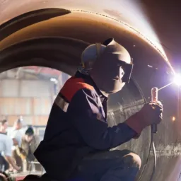 Spawacz w hełmie spawalniczym łączy elementy rurociągu wewnątrz konstrukcji, widoczne iskry i spaw na krawędzi rury, w tle inni pracownicy i sprzęt.