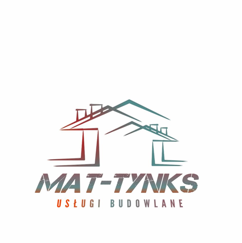 Logo firmy budowlanej Mat-Tynks z graficznym przedstawieniem dwóch domów w odcieniach czerwieni i zieleni, napis 'Usługi Budowlane' pod nazwą firmy.