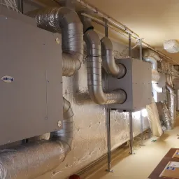 Długi korytarz z zainstalowanymi centralami wentylacyjnymi z metalowymi rurami wentylacyjnymi, widoczne logo producenta na obudowie, ściany pokryte folią izolacyjną, pod sufitem instalacje...