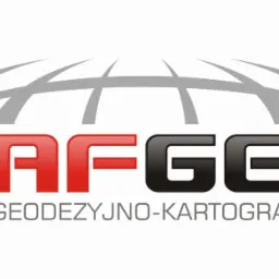 Logo firmy RAFGEO, biuro geodezyjno-kartograficzne z czerwono-czarnym napisem i szarymi, łukowatymi liniami symbolizującymi mapę.