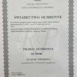 Skan świadectwa ochronnego na znak towarowy wydanego przez Urząd Patentowy Rzeczypospolitej Polskiej dla Kancelarii Patronus z Wrocławia, z datą ważności od 2020-10-22, z ozdobnym obramowaniem...