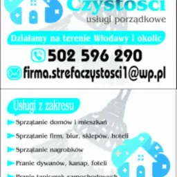 Reklama firmy Strefa Czystości z Włodawy oferującej usługi porządkowe, w tym sprzątanie domów, firm, nagrobków oraz pranie dywanów i tapicerek samochodowych. Kontakt telefoniczny i mailowy...