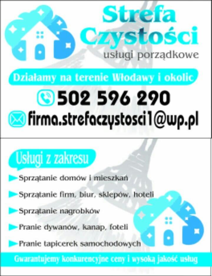 Reklama firmy Strefa Czystości z Włodawy oferującej usługi porządkowe, w tym sprzątanie domów, firm, nagrobków oraz pranie dywanów i tapicerek samochodowych. Kontakt telefoniczny i mailowy...