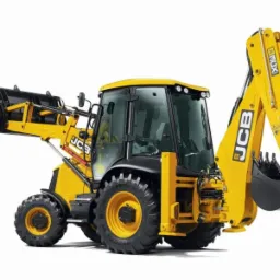 Żółto-czarna koparko-ładowarka JCB na białym tle, widok z boku i tyłu, z łyżką z przodu i koparką z tyłu.