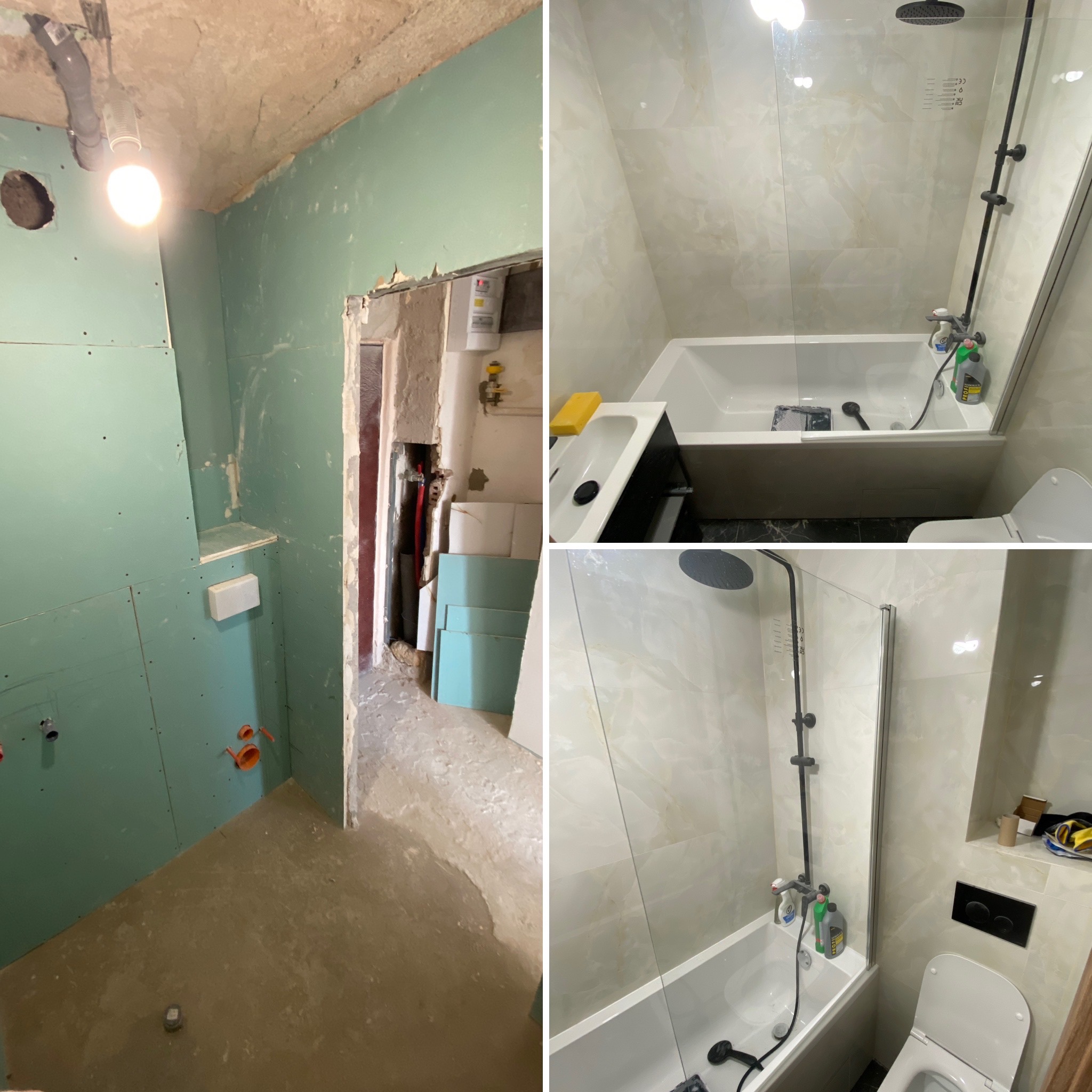 Łazienka w trakcie przemiany: od surowych płyt gipsowo-kartonowych po wykończone płytki, z widoczną wanną z czarną armaturą i elementami instalacji.