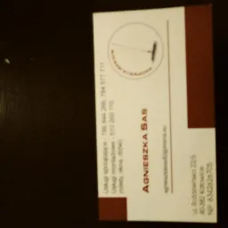 Wizytówka firmy Agnieszka SAS z Katowic, oferującej usługi sprzątające i montażowe (rolety, okna, drzwi), z numerami telefonów i adresem e-mail.