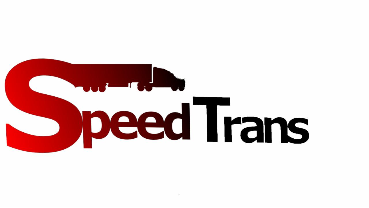 Logo firmy transportowej Speed Trans z sylwetką ciężarówki w kolorach czerwieni i czerni na białym tle. Charakterystyczna litera 'S' w nazwie.